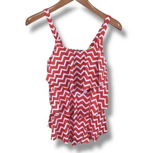 Septangle‎ Red White Chevron Ripple Ruffle Tankini Top Tiered Medium